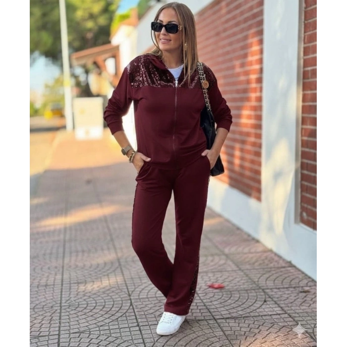 MDB Kadın Uzun Kollu önden Fermuarlı Pul Payetli Alt üst Viskon Iki Iplik Takım