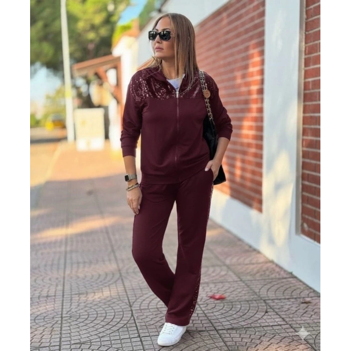 MDB Kadın Uzun Kollu önden Fermuarlı Pul Payetli Alt üst Viskon Iki Iplik Takım