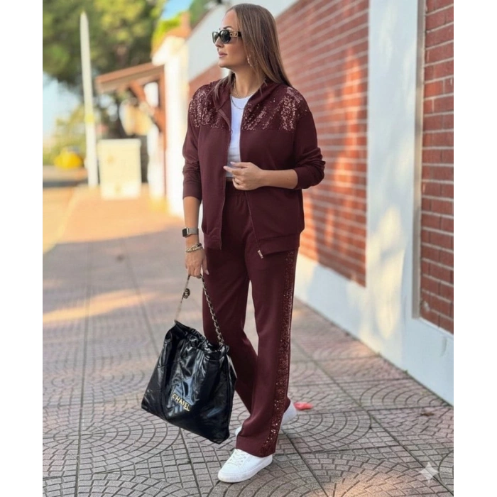 MDB Kadın Uzun Kollu önden Fermuarlı Pul Payetli Alt üst Viskon Iki Iplik Takım