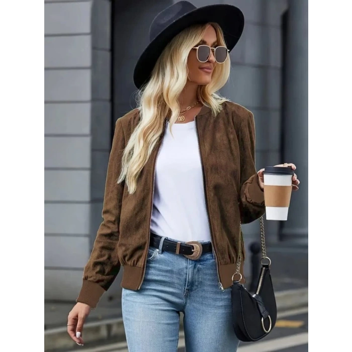 MDB Kadın Uzun Kollu önden Fermuarlı Süet Ceket