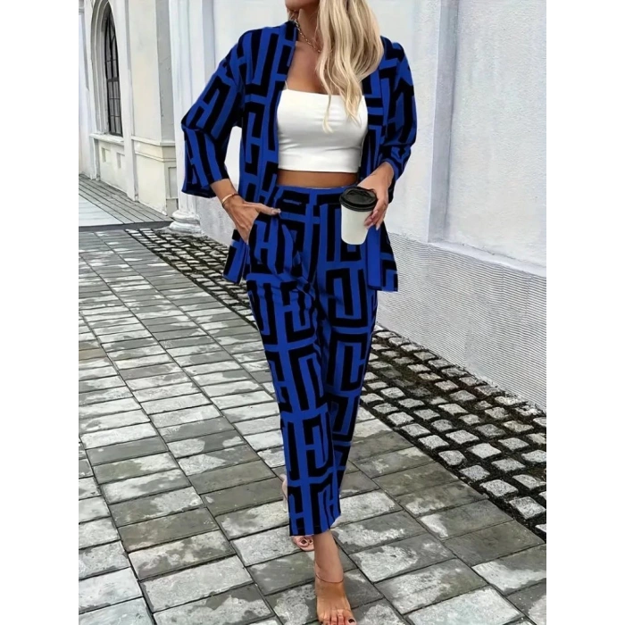 MDB Kadın Uzun Kollu önü Açık Desenli Iki Iplik Ceket Ve Pantolon Ikili Takım