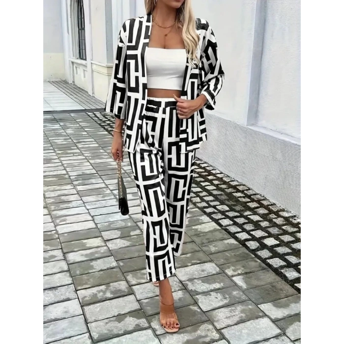 MDB Kadın Uzun Kollu önü Açık Desenli Iki Iplik Ceket Ve Pantolon Ikili Takım