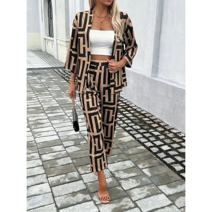 MDB Kadın Uzun Kollu önü Açık Desenli Iki Iplik Ceket Ve Pantolon Ikili Takım