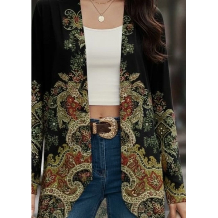 MDB Kadın Uzun Kollu önü Açık Desenli şardonlu Dalgıç Ceket