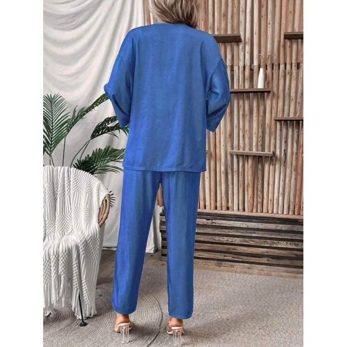 MDB Kadın Uzun Kollu önü Açık Dokuma Ceket Ve Pantolon Ikili Takım