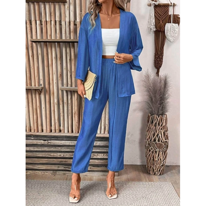 MDB Kadın Uzun Kollu önü Açık Dokuma Ceket Ve Pantolon Ikili Takım