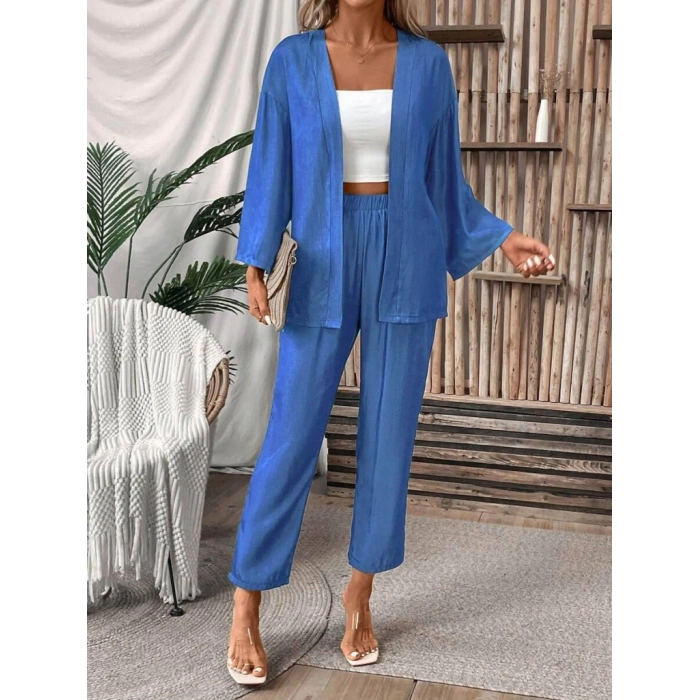 MDB Kadın Uzun Kollu önü Açık Dokuma Ceket Ve Pantolon Ikili Takım