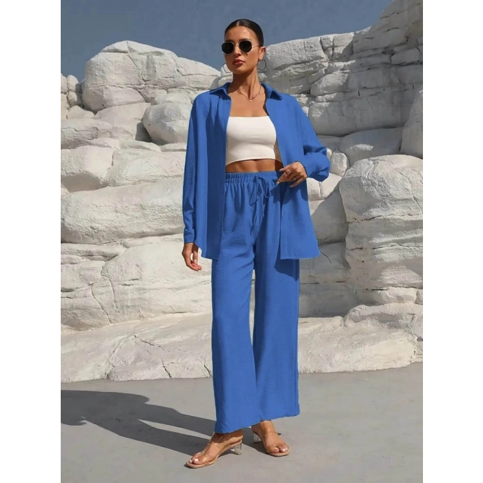 MDB Kadın Uzun Kollu önü Açık Dokuma Ceket Ve Pantolon Ikili Takım