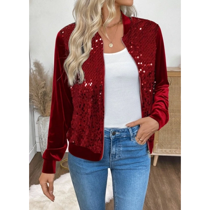 MDB Kadın Uzun Kollu önü Açık Fermuarlı Pulpayetli Kadife Ceket