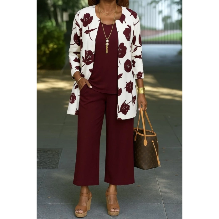 MDB Kadın Uzun Kollu önü Açık Modal Ceket Kolsuz Viskon Iki Iplik Bluz Ve Pantolon üçlü Takım