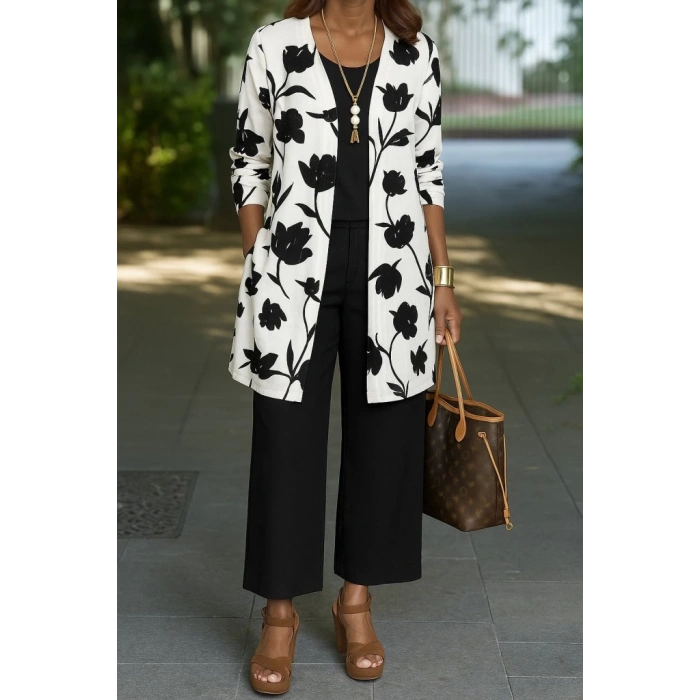 MDB Kadın Uzun Kollu önü Açık Modal Ceket Kolsuz Viskon Iki Iplik Bluz Ve Pantolon üçlü Takım