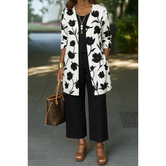 MDB Kadın Uzun Kollu önü Açık Modal Ceket Kolsuz Viskon Iki Iplik Bluz Ve Pantolon üçlü Takım