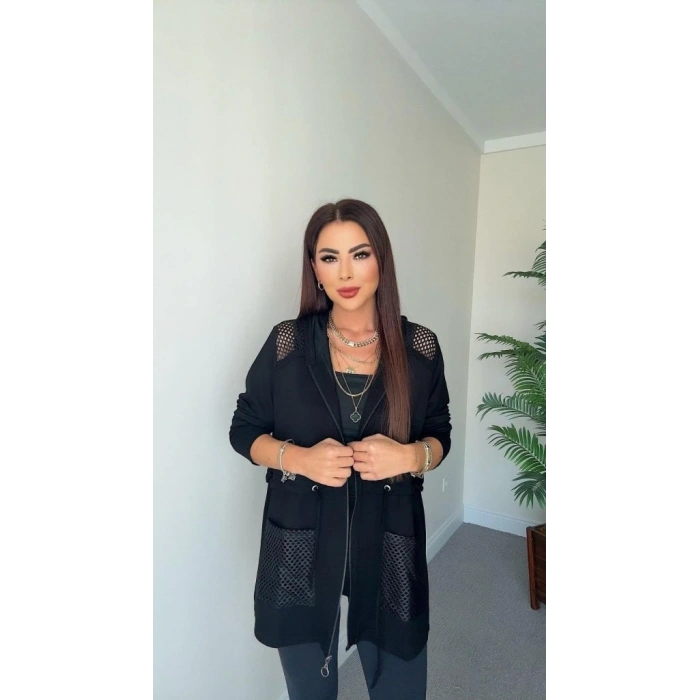 MDB Kadın Uzun Kollu önü Fermuarlı File Detaylı Belden Bağcıklı Kısa Modal Ceket