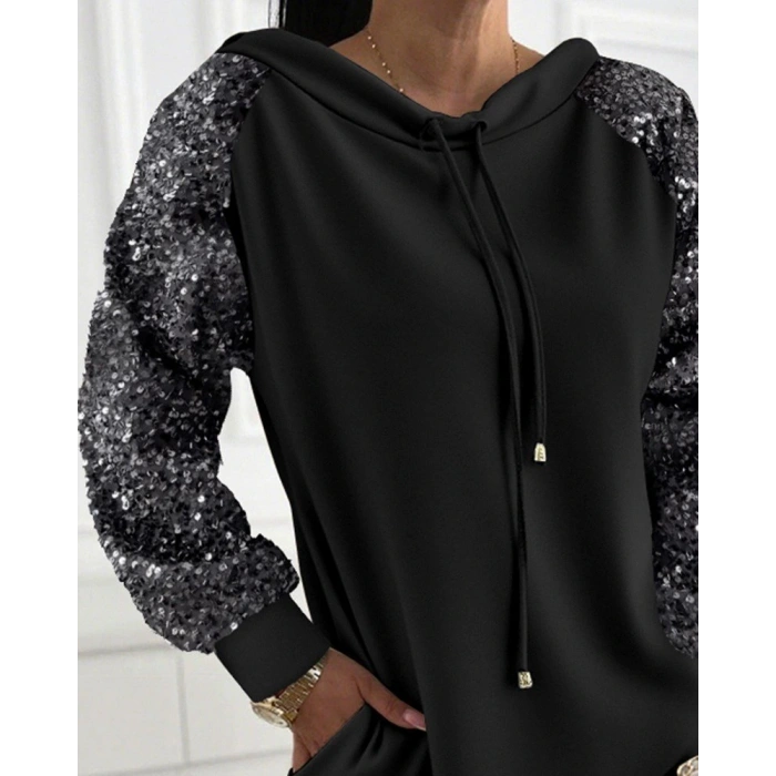 MDB Kadın Uzun Kollu Pulpayetli Bağcıklı Cep Detaylı Mini Viskon Iki Iplik Elbise