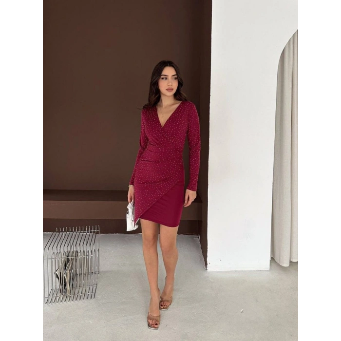 MDB Kadın Uzun Kollu Taş Detay ini Kruvaze Elbise