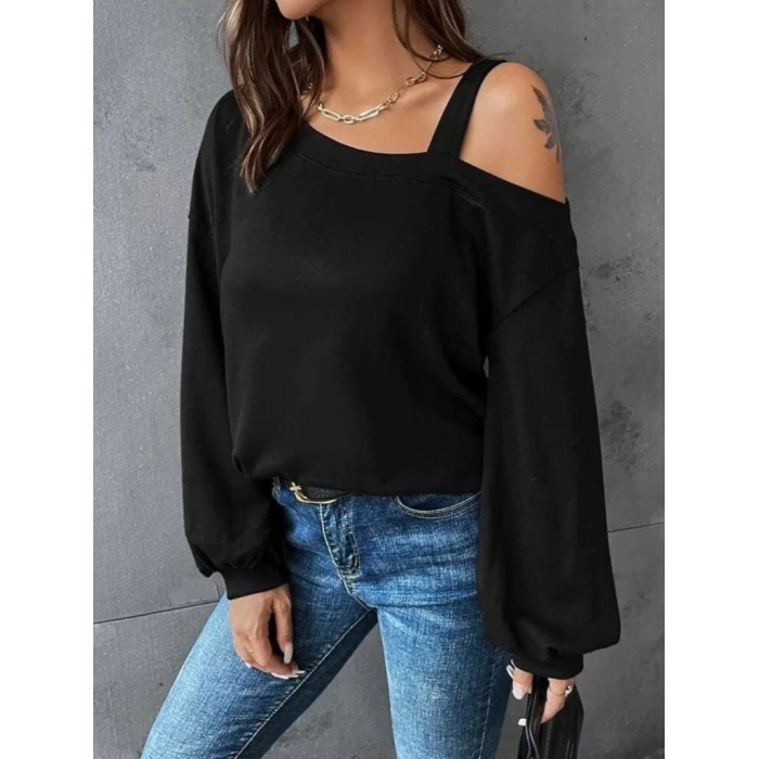 MDB Kadın Uzun Kollu Tek Omuz Askı Detay Salaş Viskon Iki Iplik Bluz