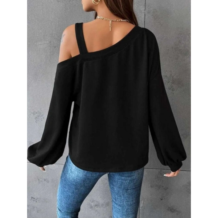 MDB Kadın Uzun Kollu Tek Omuz Askı Detay Salaş Viskon Iki Iplik Bluz