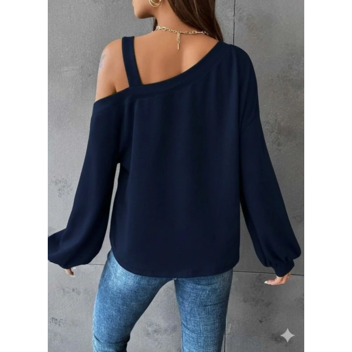 MDB Kadın Uzun Kollu Tek Omuz Askı Detay Salaş Viskon Iki Iplik Bluz