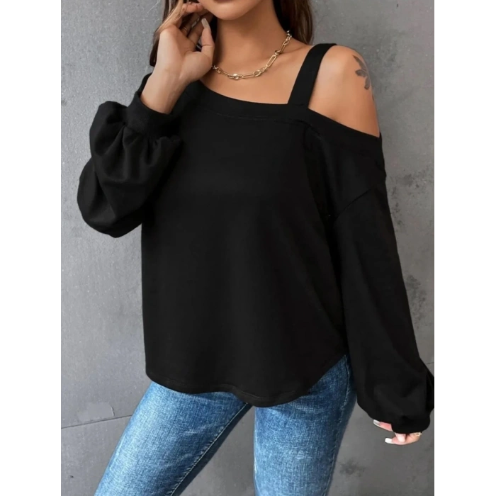 MDB Kadın Uzun Kollu Tek Omuz Askı Detay Salaş Viskon Iki Iplik Bluz