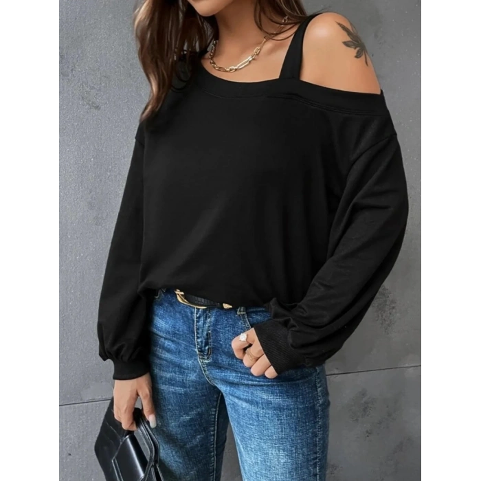 MDB Kadın Uzun Kollu Tek Omuz Askı Detay Salaş Viskon Iki Iplik Bluz