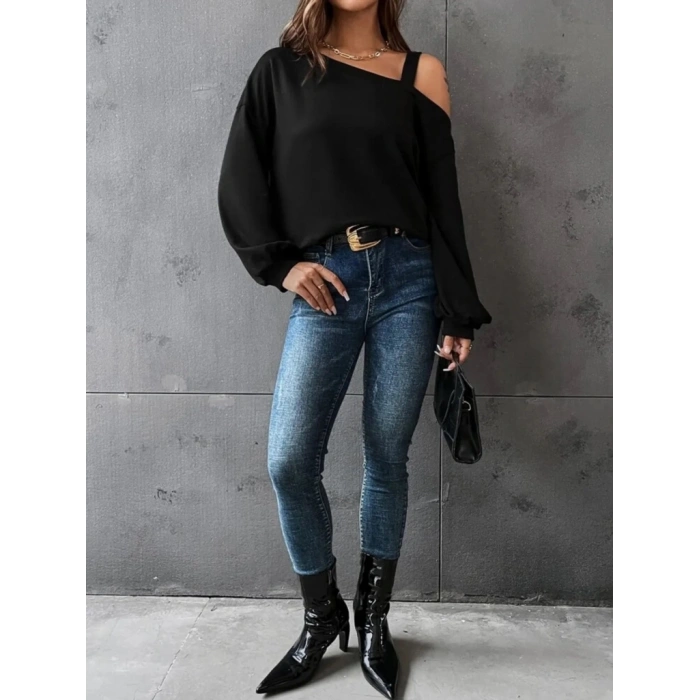 MDB Kadın Uzun Kollu Tek Omuz Askı Detay Salaş Viskon Iki Iplik Bluz