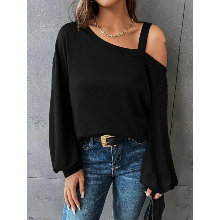 MDB Kadın Uzun Kollu Tek Omuz Askı Detay Salaş Viskon Iki Iplik Bluz