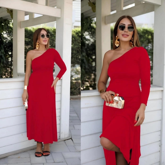 MDB Kadın Uzun Kollu Tek Omuz Detay Krep Elbise