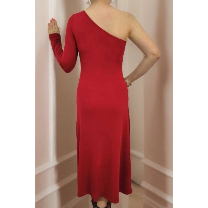 MDB Kadın Uzun Kollu Tek Omuz Detay Krep Elbise