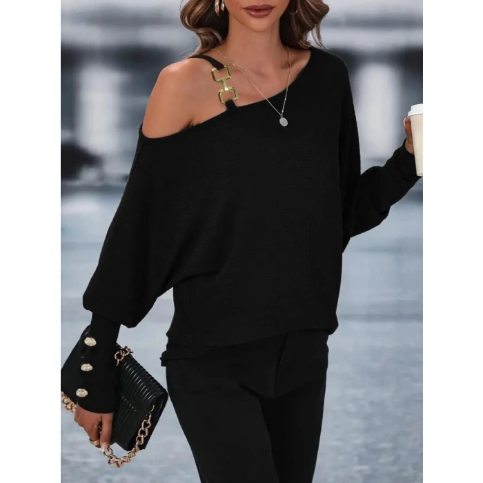 MDB Kadın Uzun Kollu Tek Omuzdan Açık Askı Detaylı Waffle Bluz