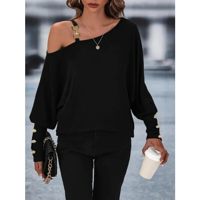 MDB Kadın Uzun Kollu Tek Omuzdan Açık Askı Detaylı Waffle Bluz