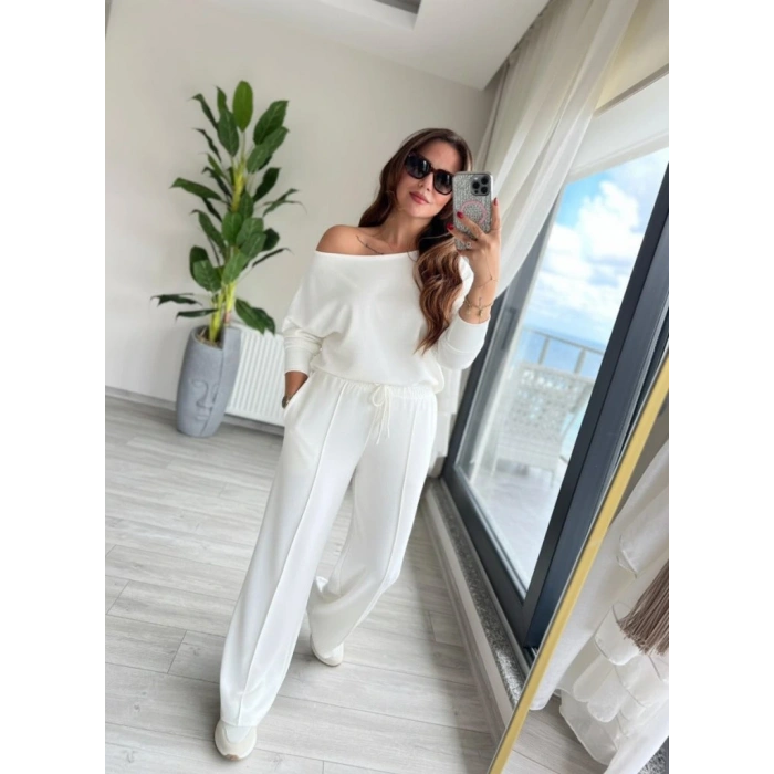 MDB Kadın Uzun Kollu Tek Omuzdan Açık Dalgıç Bluz Ve Pantolon Ikili Takım