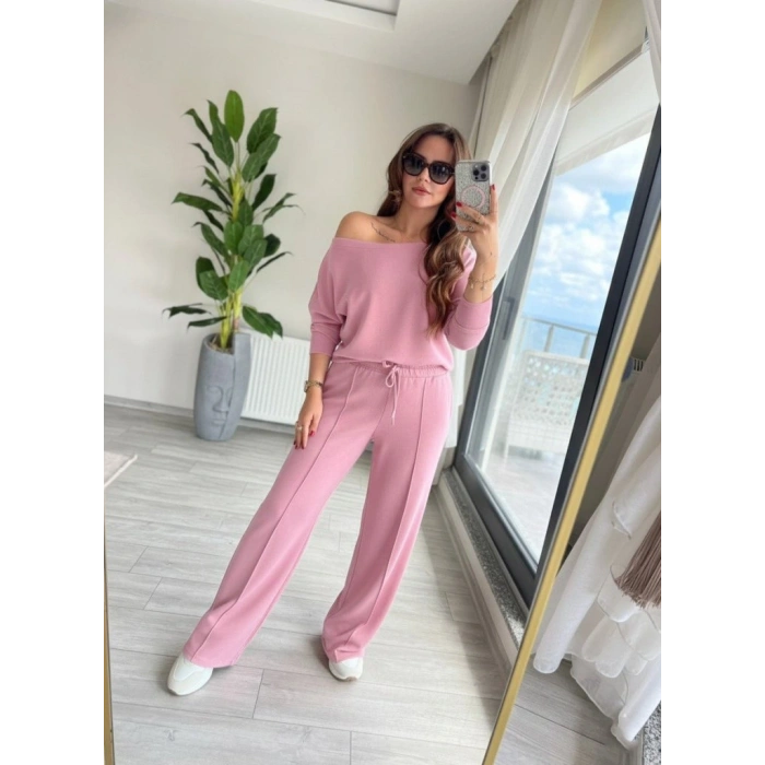 MDB Kadın Uzun Kollu Tek Omuzdan Açık Dalgıç Bluz Ve Pantolon Ikili Takım