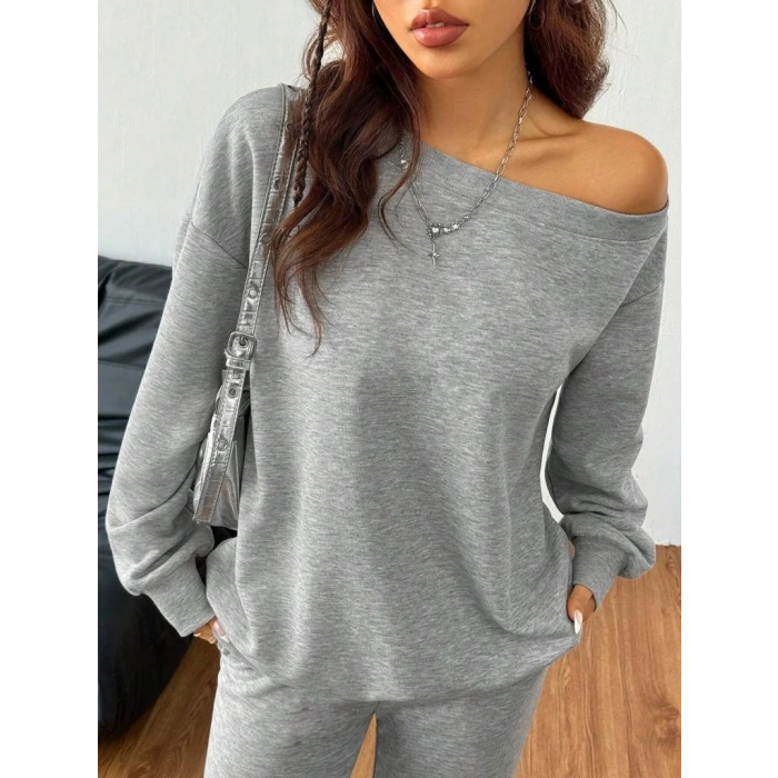 MDB Kadın Uzun Kollu Tek Omuzdan Açık Iki Iplik Bluz Ve Pantolon Ikili Takım