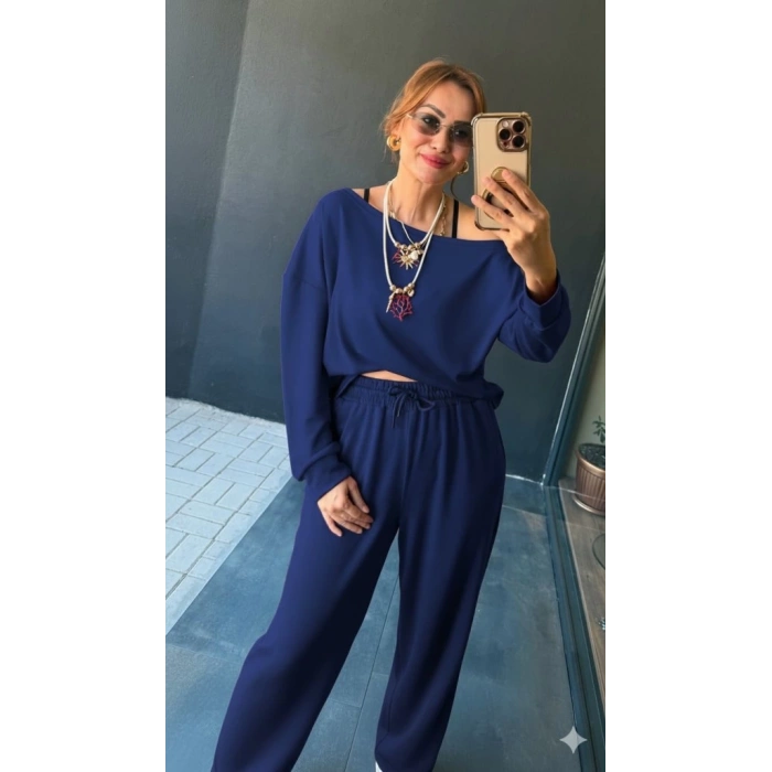 MDB Kadın Uzun Kollu Tek Omuzdan Açık Viskon Iki Iplik Bluz Ve Pantolon Ikili Takım