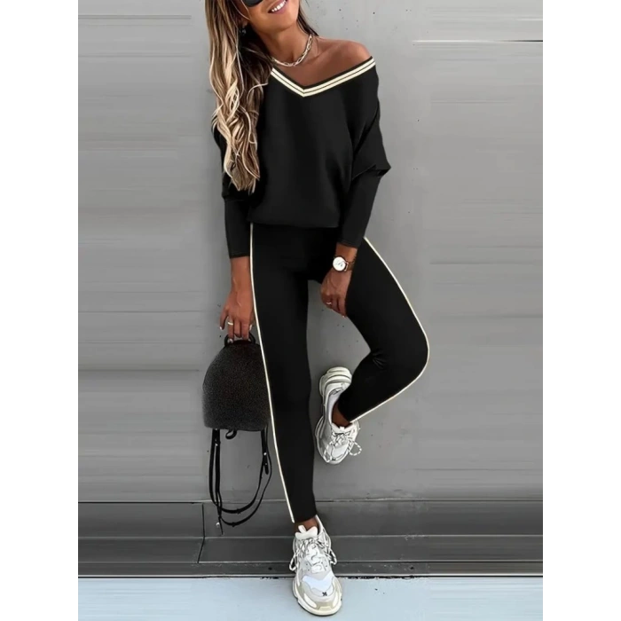 MDB Kadın Uzun Kollu Tek Omuzu Açık Detaylı Viskon Iki Iplik Bluz Ve Pantolon Ikili Takım