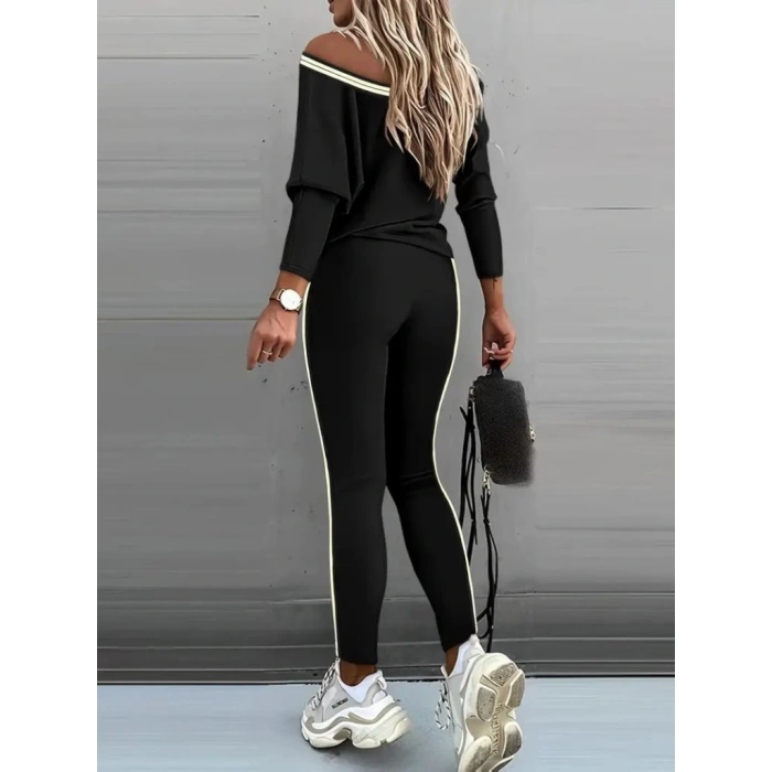 MDB Kadın Uzun Kollu Tek Omuzu Açık Detaylı Viskon Iki Iplik Bluz Ve Pantolon Ikili Takım