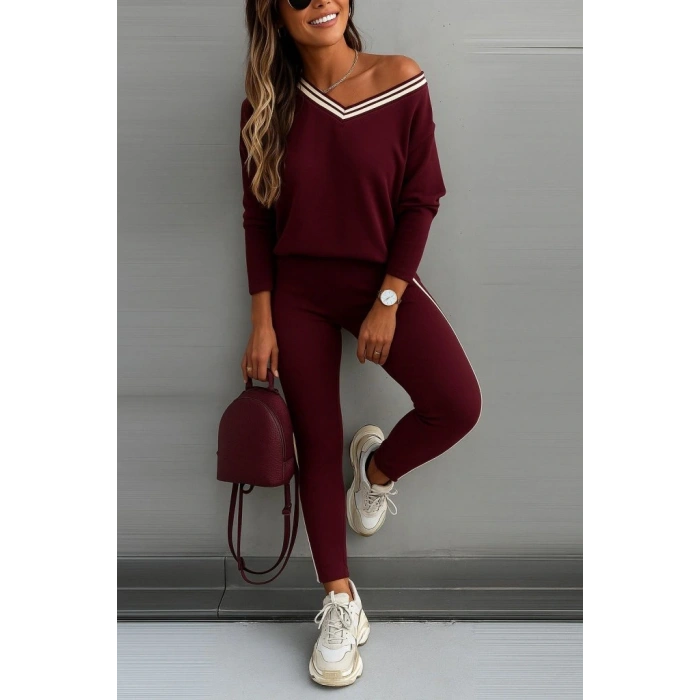 MDB Kadın Uzun Kollu Tek Omuzu Açık Detaylı Viskon Iki Iplik Bluz Ve Pantolon Ikili Takım