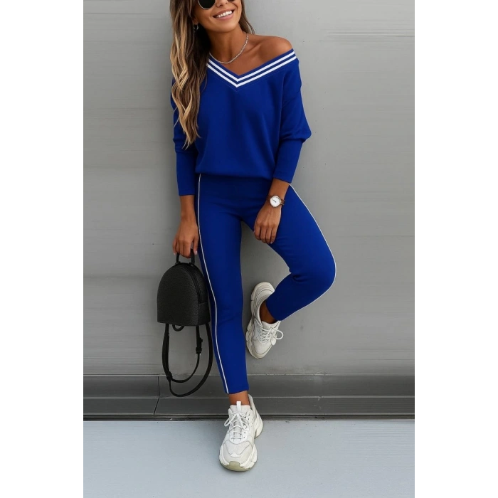 MDB Kadın Uzun Kollu Tek Omuzu Açık Detaylı Viskon Iki Iplik Bluz Ve Pantolon Ikili Takım