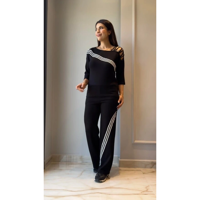MDB Kadın Uzun Kollu Truvakar Kol Tek Omuz çapraz şerit Detaylı Ribanalı Viskon Iki Iplik Bluz Ve Pantolon Ikili Takım