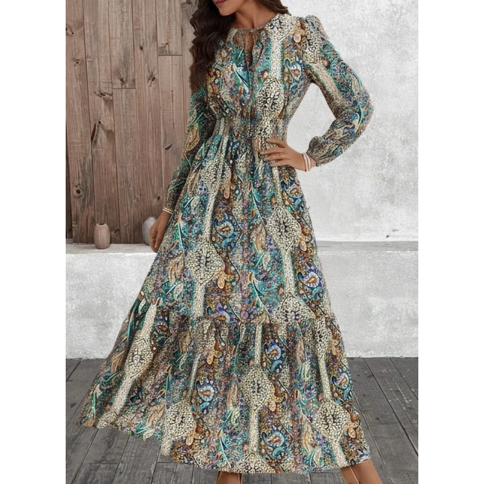 MDB Kadın Uzun Kollu Uakadabağcıklı Beli Lastikli Desenli Uzun Süprem Elbise