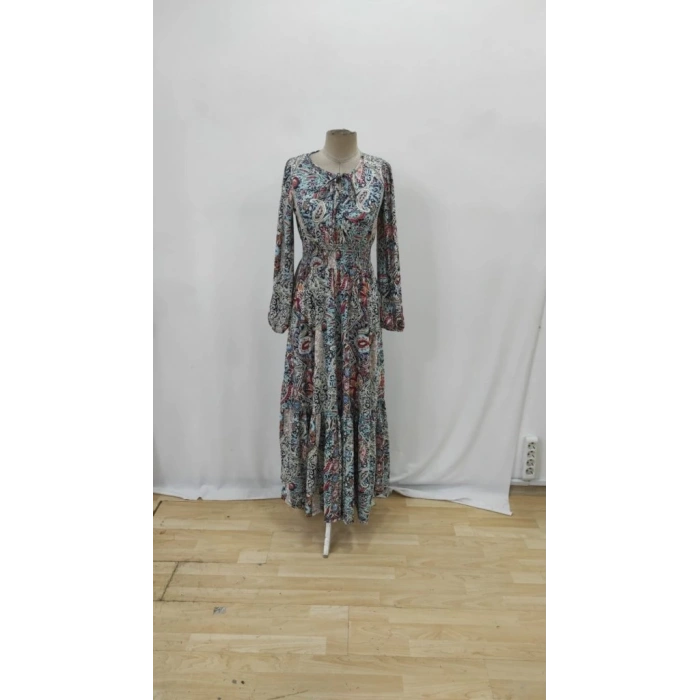 MDB Kadın Uzun Kollu Uakadabağcıklı Beli Lastikli Desenli Uzun Süprem Elbise