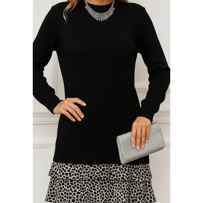 MDB Kadın Uzun Kollu üst şardonlu Kaşkorse Alt Süprem Desenli Elbise