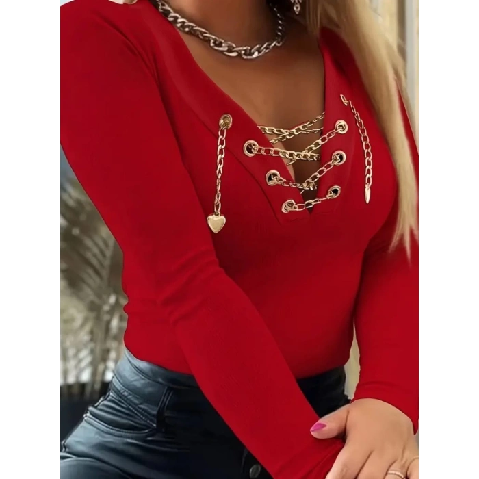 MDB Kadın Uzun Kollu V çapraz Zincir Detaylı Kaşkorse Bluz