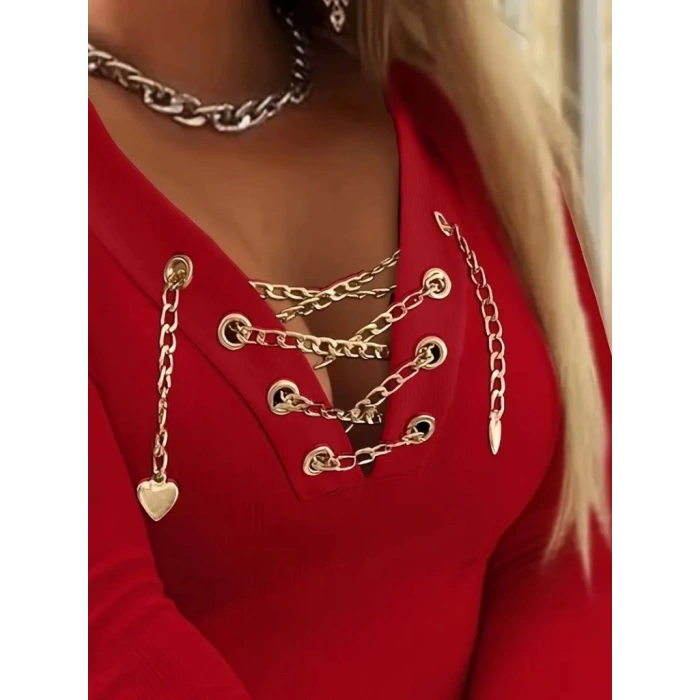 MDB Kadın Uzun Kollu V çapraz Zincir Detaylı Kaşkorse Bluz