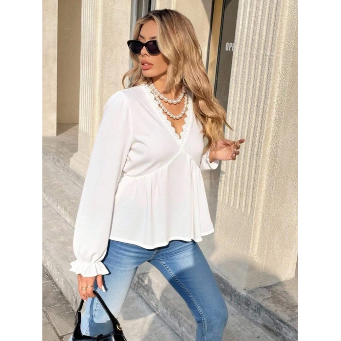 MDB Kadın Uzun Kollu V Dantel Yaka Aerobin Bluz