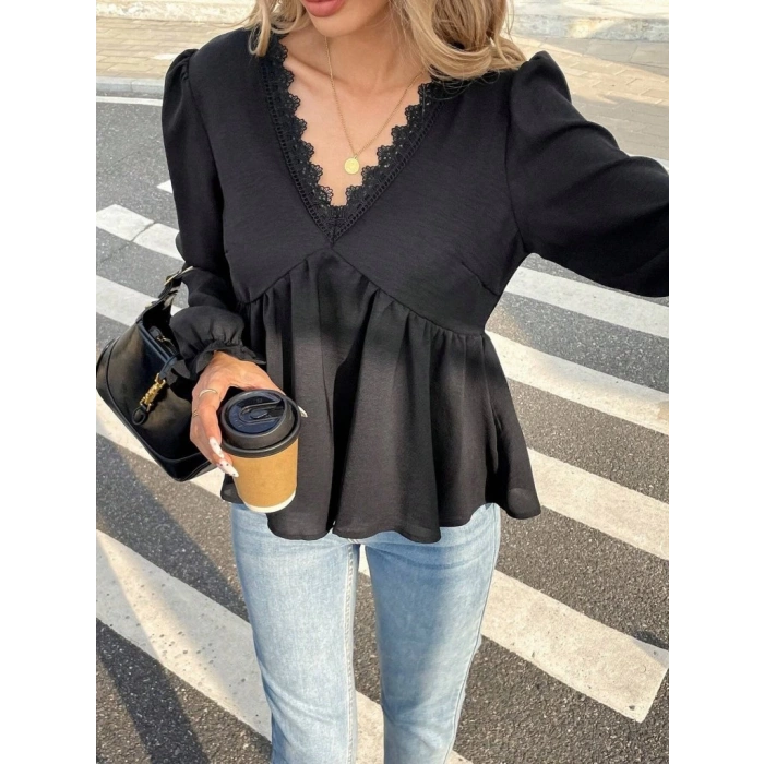 MDB Kadın Uzun Kollu V Dantel Yaka Aerobin Bluz