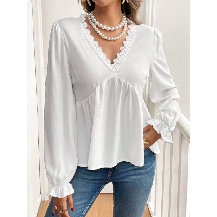 MDB Kadın Uzun Kollu V Dantel Yaka Aerobin Bluz