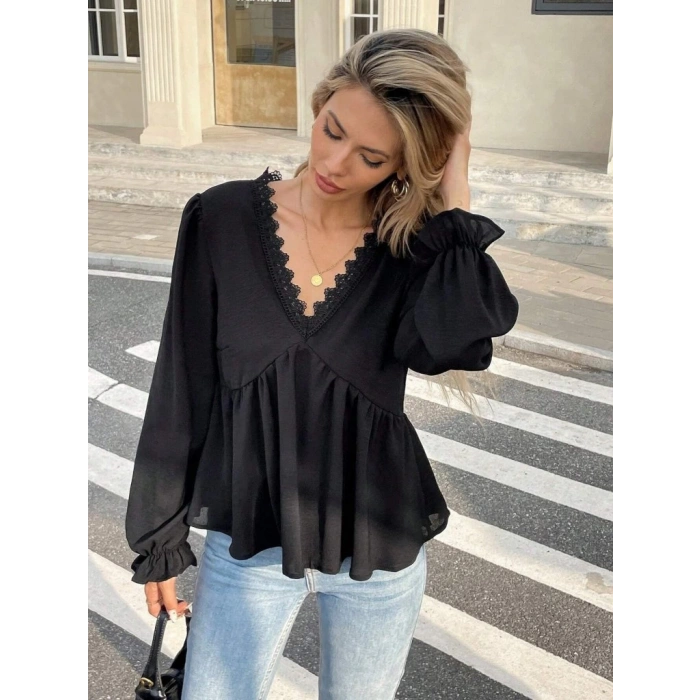 MDB Kadın Uzun Kollu V Dantel Yaka Aerobin Bluz