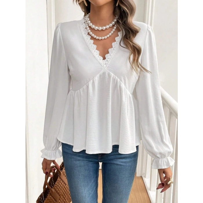 MDB Kadın Uzun Kollu V Dantel Yaka Aerobin Bluz