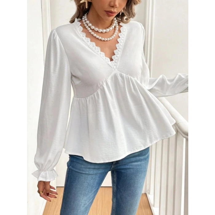 MDB Kadın Uzun Kollu V Dantel Yaka Aerobin Bluz